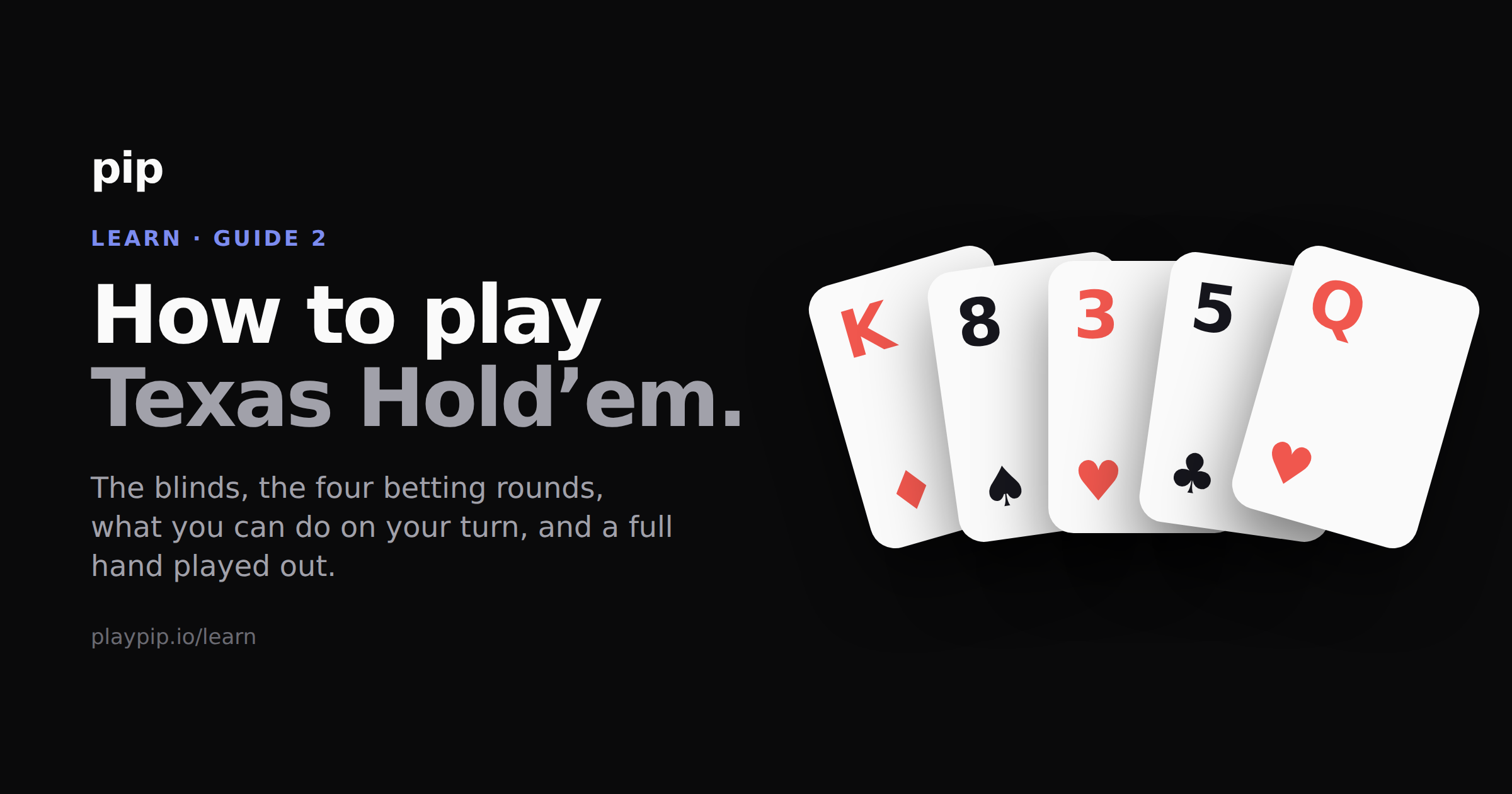 Five community cards face up in a row: the king of diamonds, the eight of spades, the three of hearts, the five of clubs and the queen of hearts.